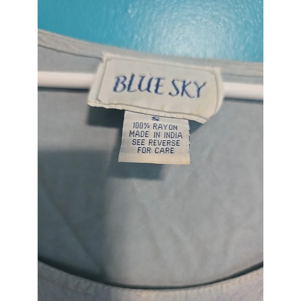 Vintage 1990s Sz Small Embroidered Maxi Dress Blue Sky Floral Tie Back Summer - Picture 2 of 10